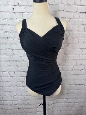 Miracle Suit X Talbots Solid Black Ruched One-Piece Swimsuit Size 10